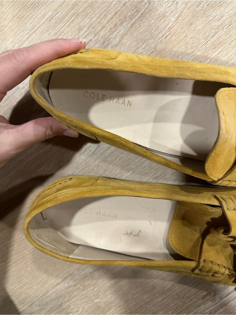Cole Haan Suede Tassel Loafers in Mustard Yellow, Moc Toe Preppy, Size 8.5 - Picture 4 of 9